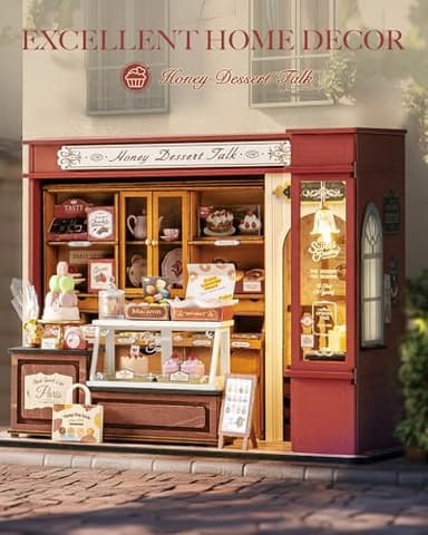 ROBOTIME DIY Miniature House Kit, Mini Wooden Dollhouse Kit for Adults, Building Kit with LED Light, Diorama Model,Halloween/Christmas/Birthday Gifts for Family/Friends (Honey Dessert Talk) - Image 5