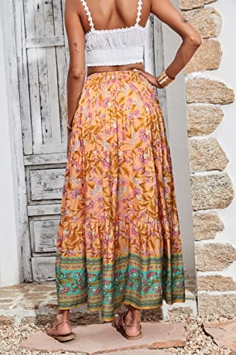 CFLONGE Women's 2025 Bohemian Long Skirts Flowy High Waist A Line Maxi Skirts for Women Summer(Pink,Medium) - Image 5