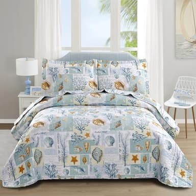 Junsey Beach Theme Quilts Set King Size Ocean Conch Seashell Starfish Seaweed Bedspreads Lightweight Patchwork Coastal Bedding Letter Printed Coverlets with Pillow Shams - Image 1