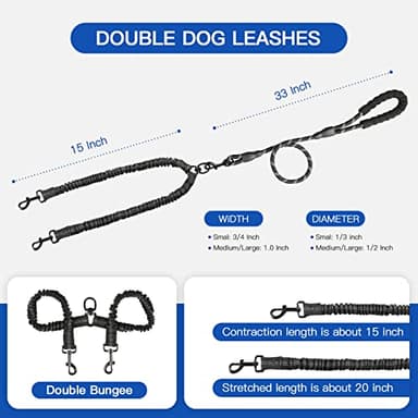 MingXpets Double Dog Leash, Dual Dog Leash, 360° Swivel Tangle Free Bungee Walking Training for Large Medium Dogs, Shock Absorbing Bungee Reflective for Two Dogs, 18~121 lbs, Black - Image 7