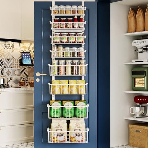 Over The Door Pantry Organizer, 8-Tier Over The Door Organizer with Adjustable Baskets, Metal Hanging Spice Rack for Pantry Organizers and Storage, Suitable for Kitchen Laundry Room & Bathroom, White - Image 1