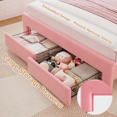 Queen Upholstered LED Bed Frame with 2 Storage Drawers and Adjustable Chic Double Wavy Headboard, Velvet Princess Platform Bed with Charing Station, Solid Wood Slats Support,No Box Spring Needed, Pink - Image 4
