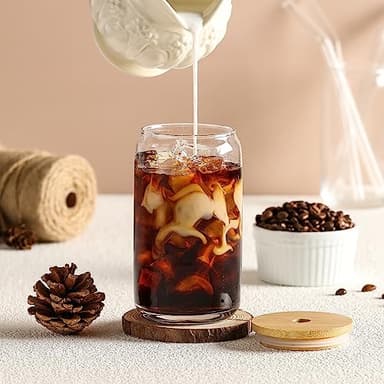 [ 12pcs Set ] Glass Cups with Bamboo Lids and Glass Straw - Beer Shaped Drinking Glasses, 16 oz Iced Coffee Glasses, Cute Tumbler Cup for Smoothie, Boba Tea, Whiskey, Water - 4 Cleaning Brushes - Image 7