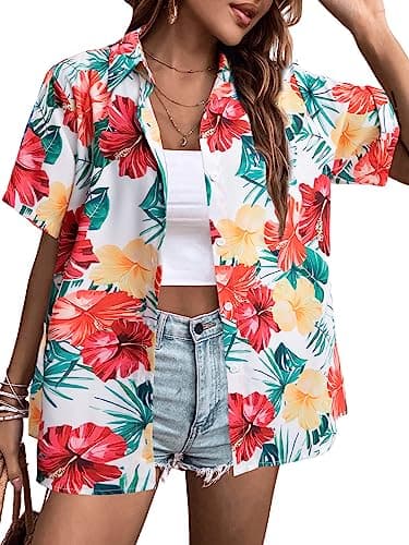 MYHALF Women Hawaiian Shirt Soft Cool Summer Hawaii Shirts Floral Tropic Print V Neck T-Shirt Short Sleeve Button Up Tops - Image 1