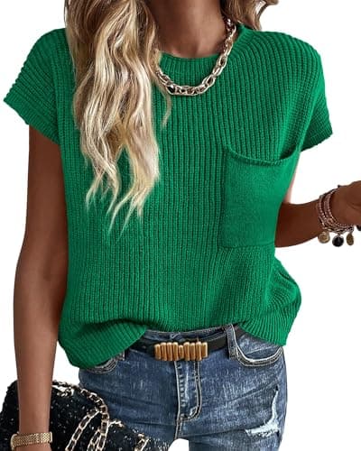 KIRUNDO Summer Fall Short Sleeve Sweater for Women 2025 Casual Sweater Vest Cotton Knit Pullover Tank Tops Fashion Clothing(Green, Small) - Image 1