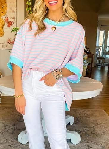 SHEWIN Summer Tops for Women 2025 Short Sleeve Shirts Trendy Loose Crewneck Oversized Tshirts Striped Color Block Cute Top Womens Fashion T Shirt Pink Stripe L - Image 4