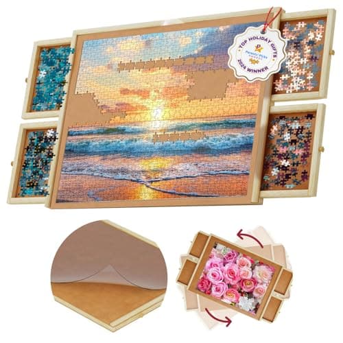 1000 Piece Wooden Jigsaw Puzzle Table - 4 Drawers, Rotating Puzzle Board | 30” X 22” Jigsaw Puzzle Board | Puzzles Cover Included - Portable Puzzle Tables for Adults and Kids by Beyond Innoventions - Image 1