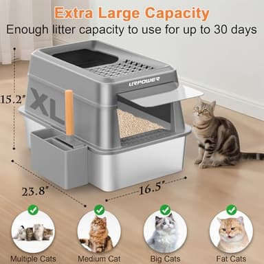URPOWER Stainless Steel Cat Litter Box with Lid Extra Large Enclosed Litter Box for Cats Non-Sticky Metal Pan with High Sided Enclosure & Scoop, Front & Top Entry, Anti-Leakage, Easy Cleaning - Image 3