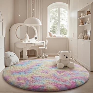 Ophanie Round Rug 6Ft Rainbow Circle Area Rug, Cute Room Decor for Teen Girls, Fluffy Fuzzy Bedroom Carpet, Plush Soft Shaggy Living Room Rugs for Kids Home Decor Aesthetic, Nursery - Image 3
