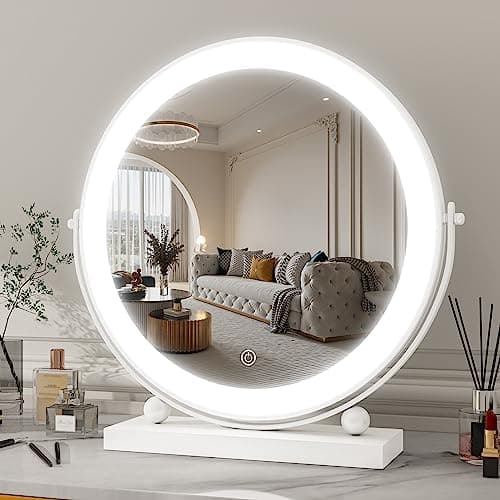 ROLOVE 13 Inch Vanity Mirror with Lights, Round Make Up Mirror with Lighting, LED Mirror Makeup Mirror with Lights for Bedroom Tabletop, Smart Touch Control, 360° Rotation (White) - Image 1