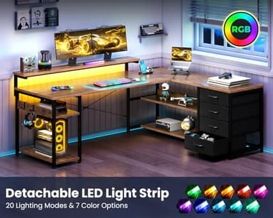 AODK 53" L Shaped Desk with Drawer, Computer Desk with Power Outlets & LED Lights, Reversible Corner Gaming Desk for Home Office Workstation, Office Desk with Monitor Shelf, Vintage - Image 7