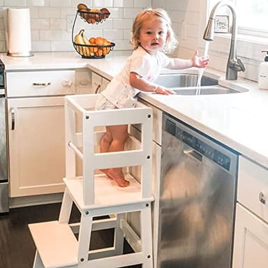 Kitchen Step Stool for Toddlers with Non-Slip Mat, WOOD CITY Wooden Kids Montessori Learning Stool Tower, Toddler Standing Tower Helper for Kitchen Counter and Bathroom Sink(White) - Image 3