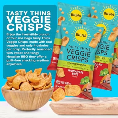 BIENA Tasty Thins Veggie Crisps – Hawaiian BBQ, 4-Pack, 4 oz Bags – Chickpeas & Veggies, Vegan, Gluten Free, Dairy-Free, Non-GMO, Allergy-Friendly, Healthy Snacks for Adults and Kids - Image 2