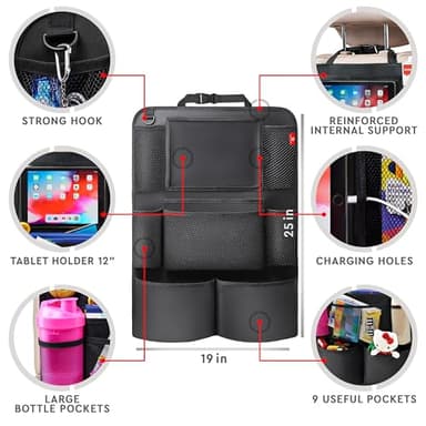 Helteko Backseat Car Organizer, Kick Mats Back Seat Protector with Touch Screen Tablet Holder, Back Seat Organizer for Kids, Travel Accessories with 9 Storage Pockets 2 Pack, Black - Image 6