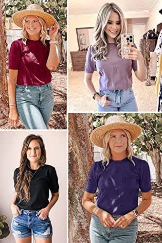Arach&Cloz Womens Summer Fall Tops 2025 Fashion Short Sleeve Sweater Crew Neck Dressy Teacher Blouse Valentines Wine Burgundy - Image 2