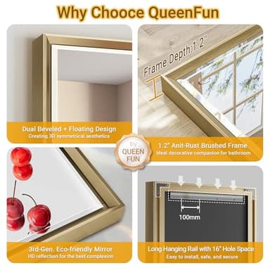 QueenFun Gold Bathroom Mirror, 24x32 Brushed Gold Bathroom Mirror Beveled Edge, Gold Framed Rectangle Bathroom Vanity Mirror, Anti-Rust Brushed Brass Metal Frame Wall Mirror Vertical/Horizontal - Image 8