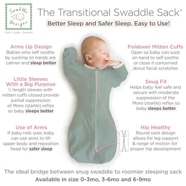 SwaddleDesigns Transitional Swaddle Sack with Arms Up Half-Length Sleeves and Mitten Cuffs, Small, 0-3 Months, 6-14 lbs, Heathered Jadeite (Arms Up Swaddle, Transition Swaddle Sleep Sack) - Image 2