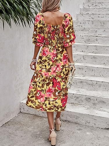 PRETTYGARDEN Women's Summer Dresses 2025 Casual Midi Spring Puff Sleeve Square Neck A Line Flowy Ruffle Boho Floral Smocked Sundress (Light Yellow Red Flower,M) - Image 5