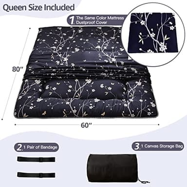 MAXYOYO Japanese Floor Mattress Navy Floral Printed Futon Mattress Foldable Floor Bed Roll Up Camping Mattress Floor Lounger Queen Size Bed Mattress - Image 2