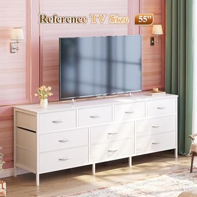 Huuger 63 Inch Dresser for Bedroom, Long Dresser with 10 Fabric Drawers, TV Stand for 55, 65, 70 Inch TV, Toy Storage Organizer for Closet, White - Image 2