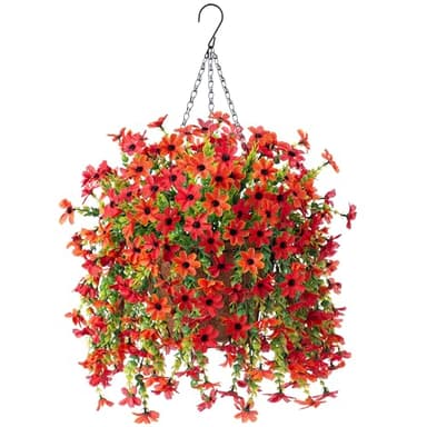 INXUGAO Artificial Fake Spring Hanging Flowers Plants with Basket Outdoor Flower Decor, Faux Silk Colorful Daisy in Metal Coconut Lining Pot Plastic Shrubs Decor Farmhouse Home Garden (Red Orange) - Image 1