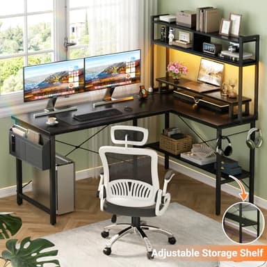 Aheaplus L Shaped Gaming Desk with Power Outlets & LED Lights, Small L- Shaped Desk Computer Corner Desk with Monitor Stand & Storage Shelf, Home Office Desk Writing Desk with Storage Bag, Black - Image 5