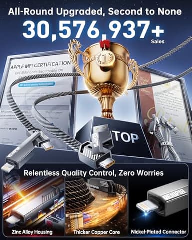 Vexipia 4-in-1 USB C Cable 100W 5FT [Fast Charging & Data Transfer] Flat Nylon Braided for iPhone iPad Charger Cord, Multi Charge Wire Combo with L/Type C/USB A Port - Image 6