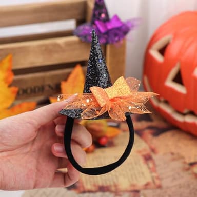 YanJie Halloween Headband for Infants Mini Witches Hat Glitter Nylon Headbands 3'' Witch Hats with Orange Baby Bow Stretchy Head Band for Baby Girls - Image 8