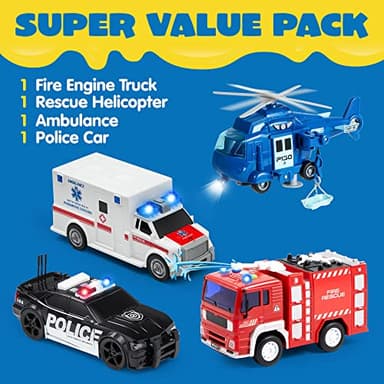 JOYIN 4 Packs Emergency Vehicle Toy Playsets, Friction Powered Vehicles with Light and Sound, Including Fire Truck, Ambulance, Play Police Car and Helicopter, Christmas Toddler Kids Boys Gifts - Image 3
