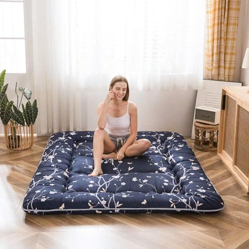 MAXYOYO Japanese Floor Mattress Navy Floral Printed Futon Mattress Foldable Floor Bed Roll Up Camping Mattress Floor Lounger Queen Size Bed Mattress - Image 1