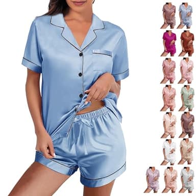 WJing Yi Jia Womens Silk Satin Pajamas Loungewear Two-Piece Sleepwear Button-Down Floral Pj Set XS-4XL - Image 9