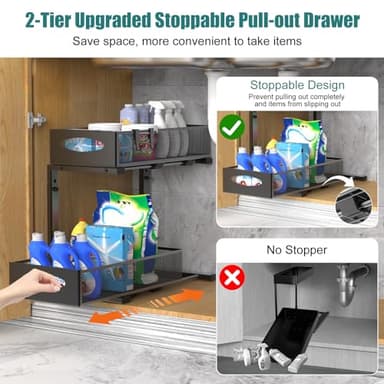 Housolution 2 Pack Under Sink Organizer, 2 Tier Metal Pull Out Under Sink Storage with Sliding Mesh Drawers, Height Adjustable Slide Out Under Sink Organizer for Kitchen Bathroom Cabinet, Black - Image 5
