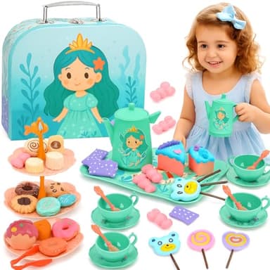 Lajeje Princess Tea Party Set for Little Girls - Pretend Plastic Teapot Set, Princess Tea Time Play Kitchen Toy with Cups, Plates, and Carrying Case - Birthday Gifts for Kids Toddlers Age 3 4 5 6 - Image 1