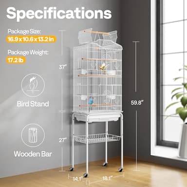 VIVOHOME 64 Inch Bird Cage with Play Top and Rolling Stand for Parrots Conures Lovebird Cockatiel Parakeets White - Image 7