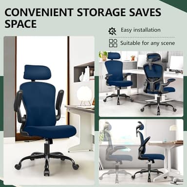 FelixKing Ergonomic Office Desk Chair with Headrest, Wheels, Adjustable Lumbar Support and Height, Swivel Comfy Task Chair with Flip-up Armrests, Ergo Mesh Backrest for Working (Navy) - Image 4