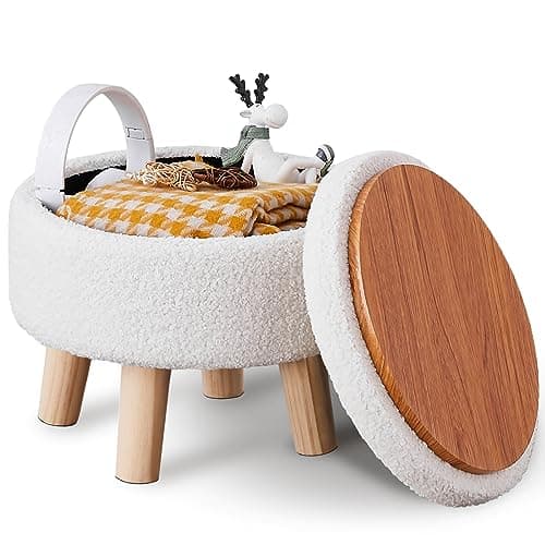 Wimarsbon Storage Ottoman, Modern Round Footrest with Soft Padded Seat, Teddy Velvet Footstool with Wood Legs, Accent Small Table or Plant Stand for Hallway, Living Room (Cream) - Image 1