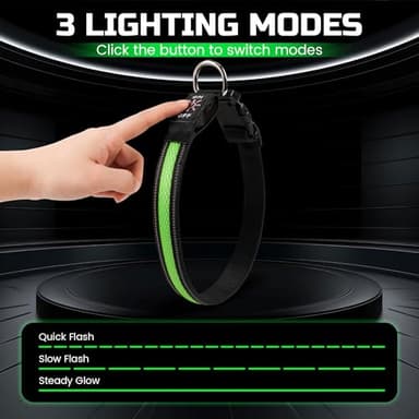 Light Up Dog Collar Rechargeable, LED Glow Collar in Dark with 3 Flash Mode for Outdoor Night Walking Visible Safe, Adjustable Waterproof Dog Light for Small Medium Large Breed, Green, M - Image 3