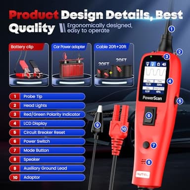 Autel PowerScan Automotive Circuit Tester, Power Circuit Probe Tool, 12-24V Electrical Short Open Breaker Circuit Finder, AC/DC Current Resistance, Duty Cycle, & 20FT Extension Cord, for 99% Cars - Image 7