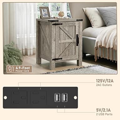 OKD Nightstand with Charging Station, 18 Inch Farmhouse End Table with Barn Door and Adjustable Storage Shelf, Rustic Wood Sofa Side Table w/Magnetic Door for Living Room, Bedroom, Light Rustic Oak - Image 6