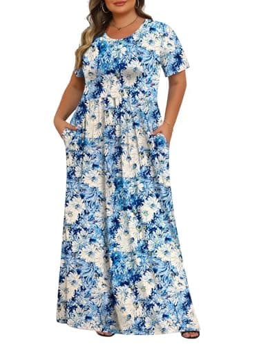 Womens Plus Size Maxi Dresses Summer 2025 Casual Short Sleeve with Pockets Long Dress White Chrysanthemum 1X - Image 1