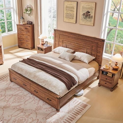 T4TREAM Farmhouse King Size Bed Frame with 54" Tall Geometric Headboard & 2 Large Storage Drawers, Rustic Wood Platform Bed with Wood Slats Support, No Box Spring Needed, Reclaimed Barnwood - Image 1