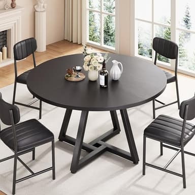 Jocoevol 51“ Round Kitchen Dining Room Table for 6-8, Circle Dining Dinner Table with Pedestal Metal Frame, Space Saving Wood Industrial Furniture for Small Space (Black, 51In) - Image 5