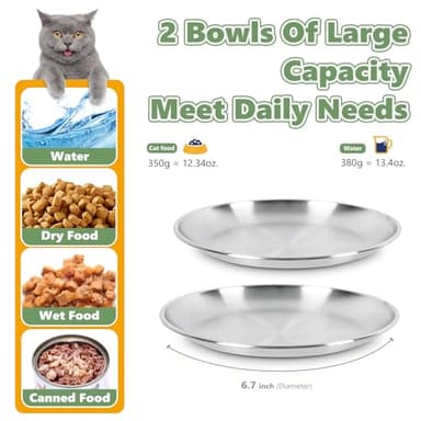 Petdream 2-Pack Stainless Steel Cat Food Bowls – Shallow Whisker-Friendly Non-Slip Silicone Base,Easy to Clean Indoor Feeding Dishes(6.7") - Image 5