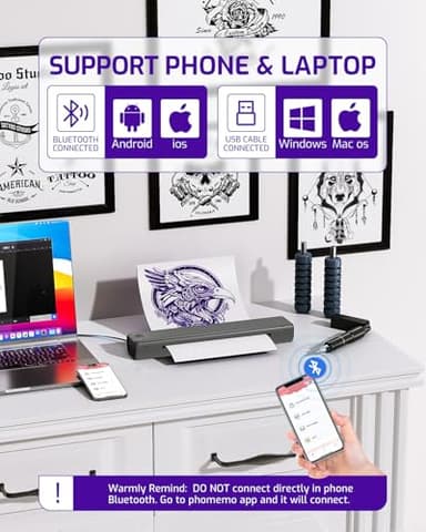 Tattoo Stencil Printer, Bluetooth Thermal Tattoo Printer,Compatible with Phone/Tablet/PC, Tattoo Supplies for Tattoo Artist & Beginners, Gray - Image 3