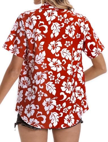 Hawaiian Shirts for Women, Summer Tropical Shirts Womens Floral Tops Beach Button Up Shirts for Women Luau Outfits Hawaii Short Sleeve Blouses for Ladies, Aloha Shirt for Party, Flower Red, Small - Image 6