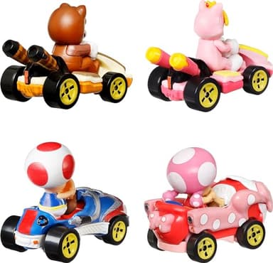 Hot Wheels Mario Kart 4-Pack, Collectible Set of 4 Toy Vehicles with Tanooki Mario, Cat Peach, Toad Sneeker & Toadette Birthday Girl - Image 5