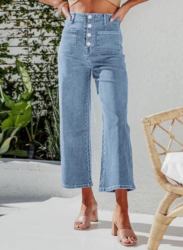 Sidefeel Women's Jeans High Waisted Wide Leg Stretchy Zimbaplatinum Straight Leg Jeans Buttoned Loose Denim Pants with Pocket Blue Size 16 - Image 2