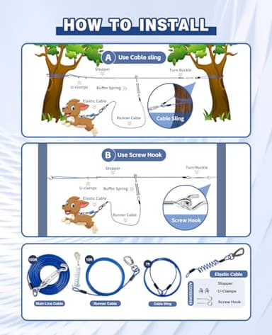 Dog Runner for Yard, Double Shock Absorption Trolley System for Large Dogs Up to 250LBS, Heavy Duty 200FT Tie Out Run Cable With 10FT Leads, Aerial Zipline for Outside, Camping - Image 6