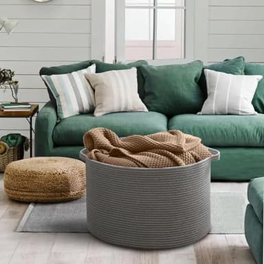 MEGASKET Large Dark Grey Storage Basket, Woven Cotton Rope Baskets for Storage, Big Blanket Organizer Storage Basket for Living Room, Kids Room Toy Storage Organizer Box, Blanket Keeper (22"x14") - Image 4