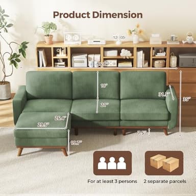 Vesgantti 97" Modular Sectional Sofa Green, L-Shaped Couch with Movable Ottoman, Comfy Corduroy Couch with Spring Cushion, Modular Sofa with Deep Seat for Living Room, Bedroom and Apartment - Image 2